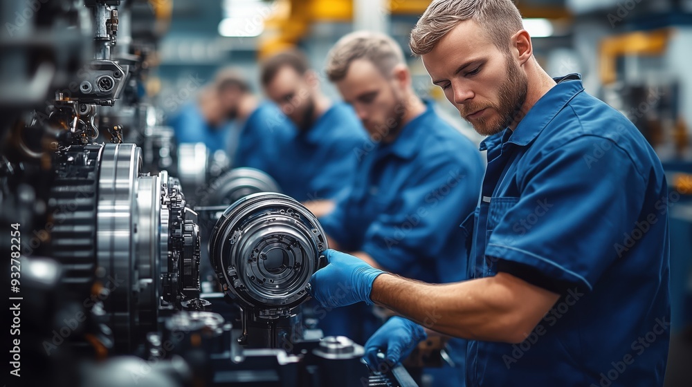 Assembly line workers in precision manufacturing. Group of focused factory workers assembling machinery components with precision on an assembly line in an industrial factory. Assembly line workers in precision manufacturing. Group of focused factory workers assembling machinery components with precision on an assembly line in an industrial factory.