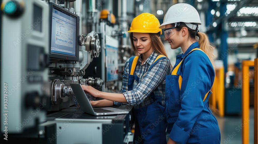 Two female engineers in hard hats and overalls analyzing data on a machinery control panel, ensuring accurate operations in a modern industrial facility. Two female engineers in hard hats and overalls analyzing data on a machinery control panel, ensuring accurate operations in a modern industrial facility.