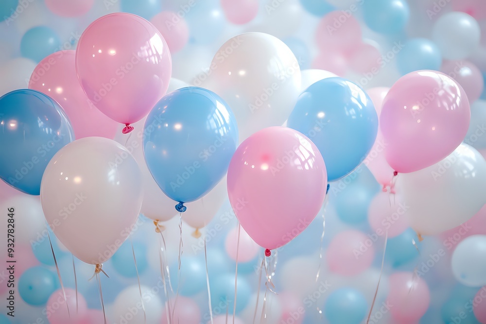 Pink, Blue, and White Balloons Floating in the Air, A Celebration of Joy Pink, Blue, and White Balloons Floating in the Air, A Celebration of Joy