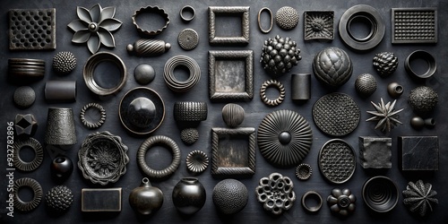 A collection of black objects with varied textures and shapes on dark background