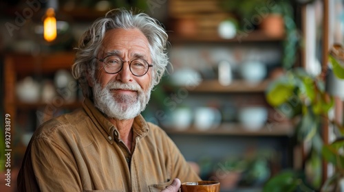 happy senior man holdingcup of coffee in the kitchen photo