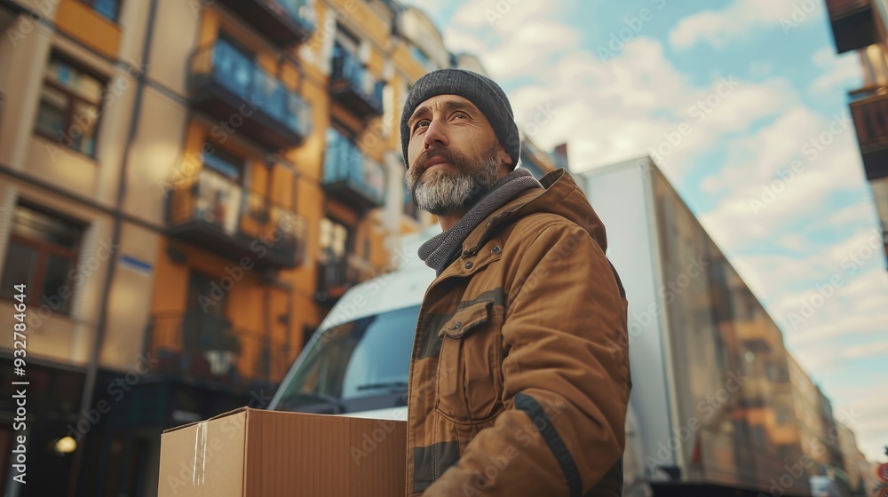 man helping his friend move into new apartment in building man is moving into new flat carrying box from the moving truck man helping his friend move into new apartment in building man is moving into new flat carrying box from the moving truck