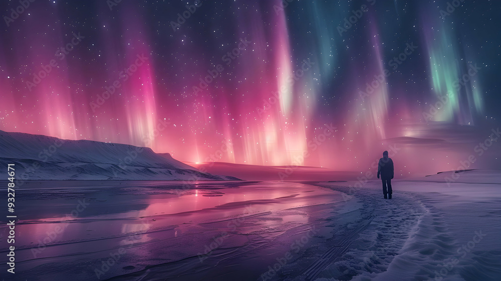 Fototapeta premium Snowy Landscape with Aurora Borealis and a Lone Figure