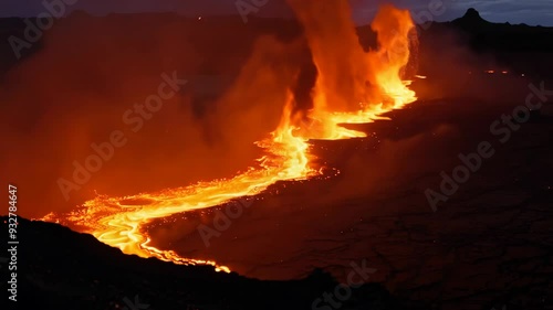 Lava flow erupts on the Icelandic landscape during nighttime photo