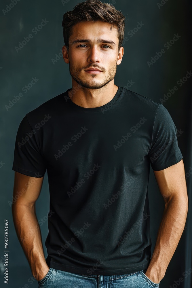 Fototapeta premium Handsome Young Man in Casual Black T-Shirt Posing Against Dark Background