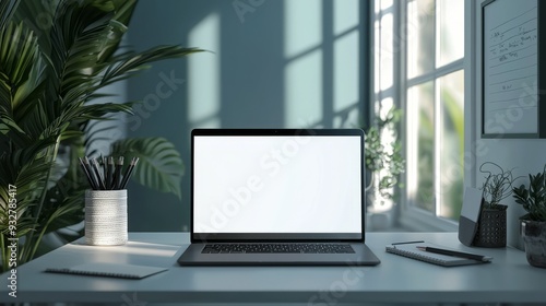 Laptop screen mockup in modern office for website or app presentation
