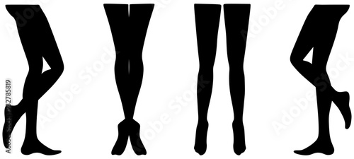 Slim, long, and elegant woman legs in different poses icon Set. Lying, standing, and sitting legs positions. Straight and crossed legs. Legs design elements. Woman legs silhouettes