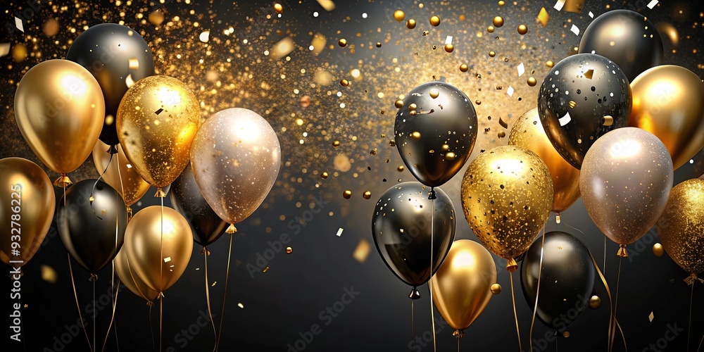 Obraz premium Happy birthday celebration with gold and black balloons, confetti, and glittering text on dark background
