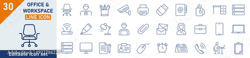 Office and Workspace line icon set. Set of 30 outline icons related to office tools, remote working, meeting, workspace. Linear icon collection. Office and Workspace outline icons collection.