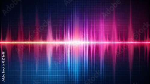 Abstract background with sound waves and grid effect in pink gradient colors with shades of purple, red, and dark gray on a blue background