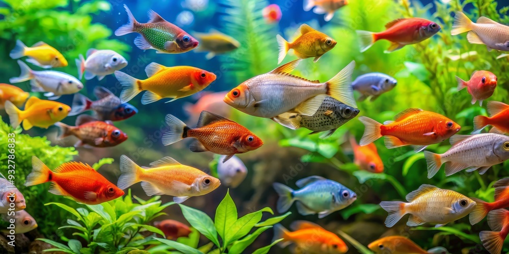 A School of Colorful Fish in a Lush Aquarium, Wide Angle Composition, Focus on Fish in Center, Aquarium, Tropical Fish, Underwater, Fish Tank A School of Colorful Fish in a Lush Aquarium, Wide Angle Composition, Focus on Fish in Center, Aquarium, Tropical Fish, Underwater, Fish Tank