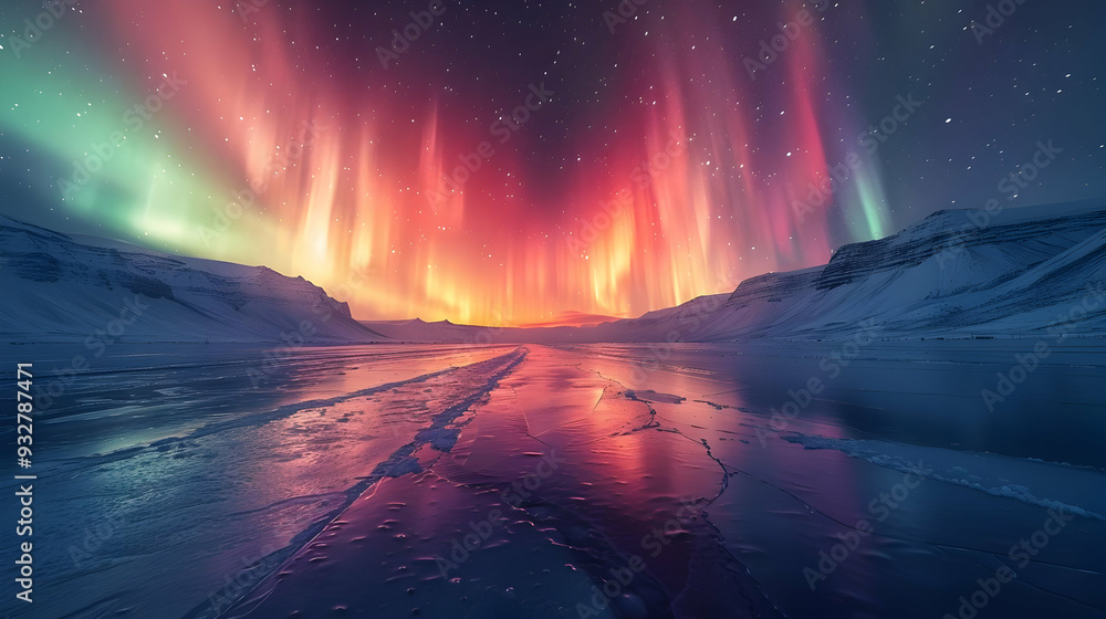 Fototapeta premium Aurora Borealis Over Frozen Lake and Mountains - Night Sky Photography