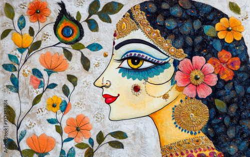 Traditional madubani painting of a woman adorned with jewelry and surrounded by vibrant flowers and a peacock feather photo