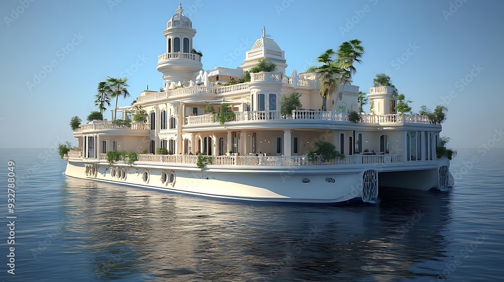 Fototapeta premium Luxurious Floating Mansion with Palm Trees on a Calm Sea.