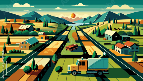 Large Countryside Street Map with Garbage Truck on Main Street. Perfect for: Earth Day, Clean-Up Campaigns, Rural Areas