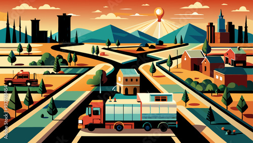 Large Countryside Street Map with Garbage Truck on Main Street. Perfect for: Earth Day, Clean-Up Campaigns, Rural Areas