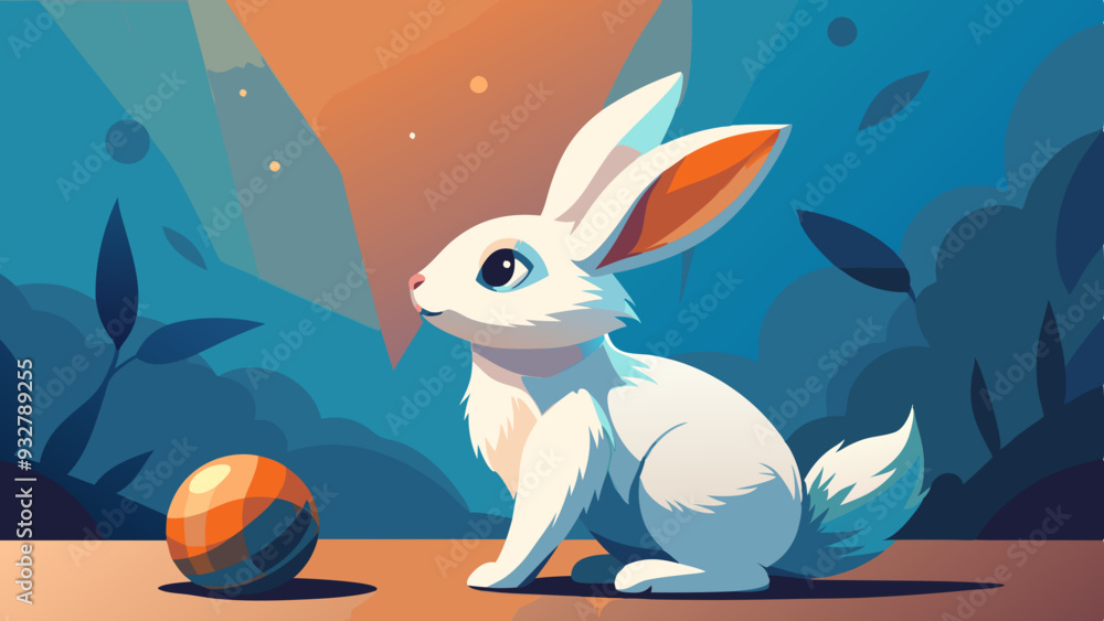 Obraz premium Curious White Rabbit with Ball, Looking Up. Perfect for: Easter, Springtime, Animal Shelters