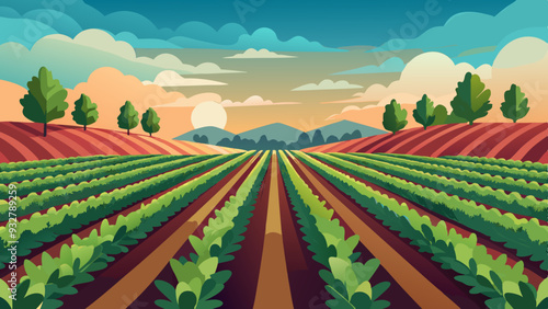 Agricultural Field with Rows of Crops. Perfect for: Earth Day, Harvest Festivals, Agricultural Events