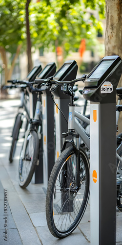 Electric bike sharing station in urban area photo