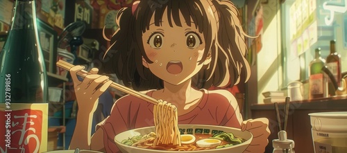 A cheerful anime character savors delicious ramen with chopsticks in a warm, inviting eatery filled with vibrant colors