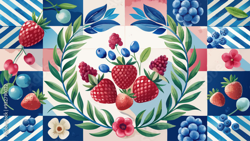 Watercolor Raspberry with Mediterranean Tile Floral Pattern. Perfect for: International Food Festivals, New Year's Celebrations, Russian Cultural Events