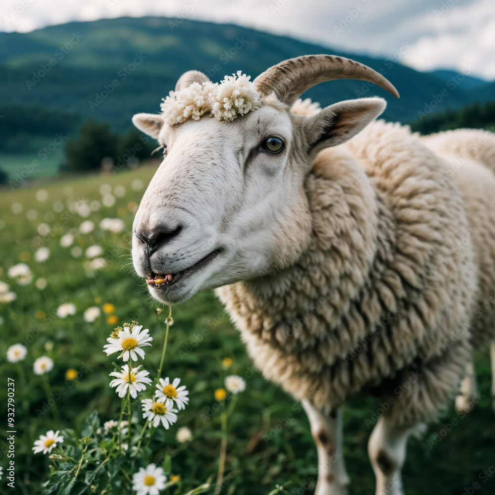 Cute and woolly sheep in the meadow
