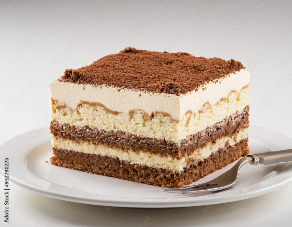 Plate of tiramisu cake isolated on white. Ai generated image Plate of tiramisu cake isolated on white. Ai generated image