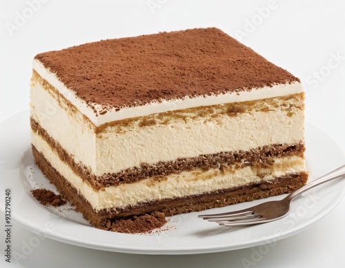 Plate of tiramisu cake isolated on white. Ai generated image