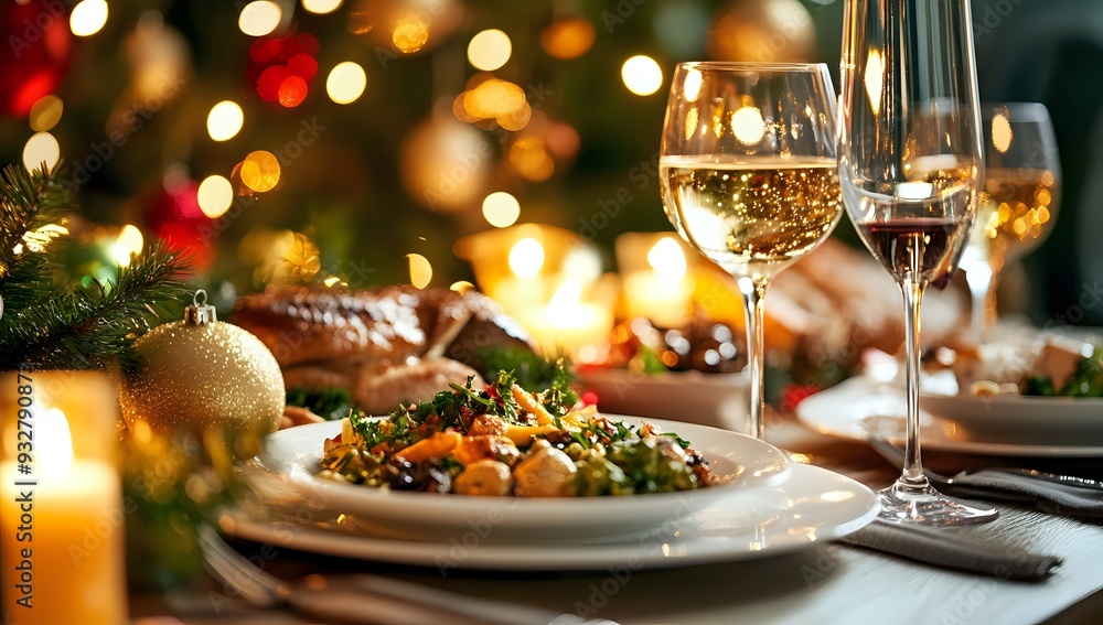 Christmas Dinner Table Setting with Sparkling Wine and Festive Lights Christmas Dinner Table Setting with Sparkling Wine and Festive Lights