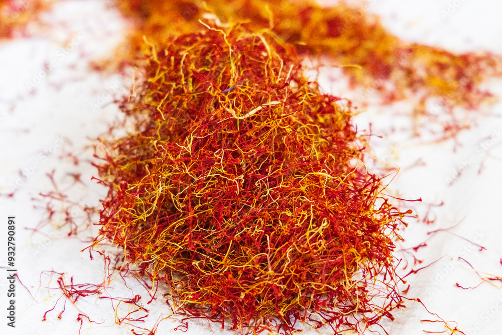 Chanda Haro, Pampore, Jammu and Kashmir, India. Pistils from saffron crocus flowers. Chanda Haro, Pampore, Jammu and Kashmir, India. Pistils from saffron crocus flowers.