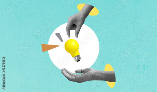Art collage digital pop modern art. Hand holding yellow light bulb