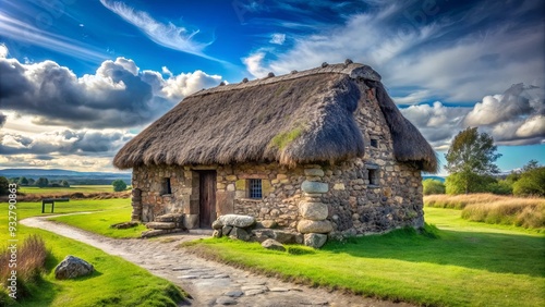 Historic Leanach Cottage located on Culloden Battlefield in Scotland photo