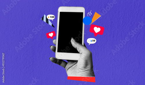 Hand hold mobile phone heart like love follower, social media creative concept. Art collage digital pop modern art.