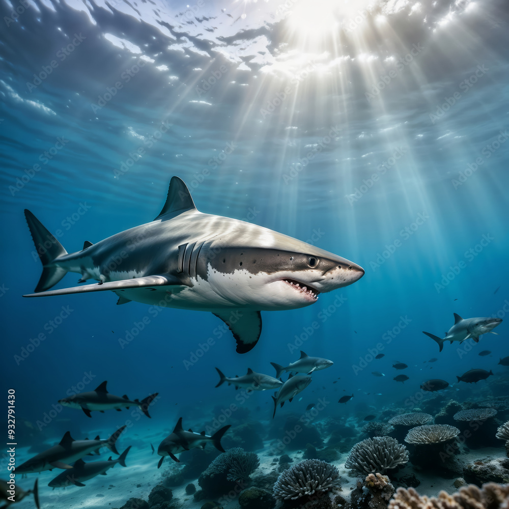 Scary shark in the deep ocean looking for prey Scary shark in the deep ocean looking for prey
