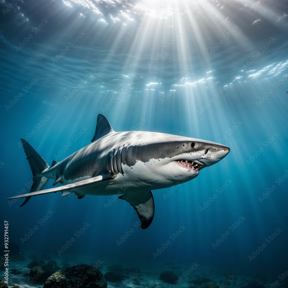 Fototapeta premium Scary shark in the deep ocean looking for prey