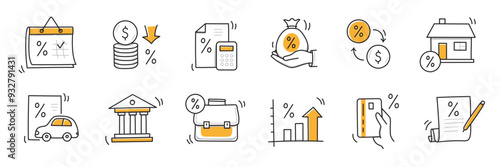 Loan interest rate doodle icon set. Hand drawn sketch doodle line style bank money loan interest rate icon for house, car discount percentage concept. Trendy cute element. Vector illustration