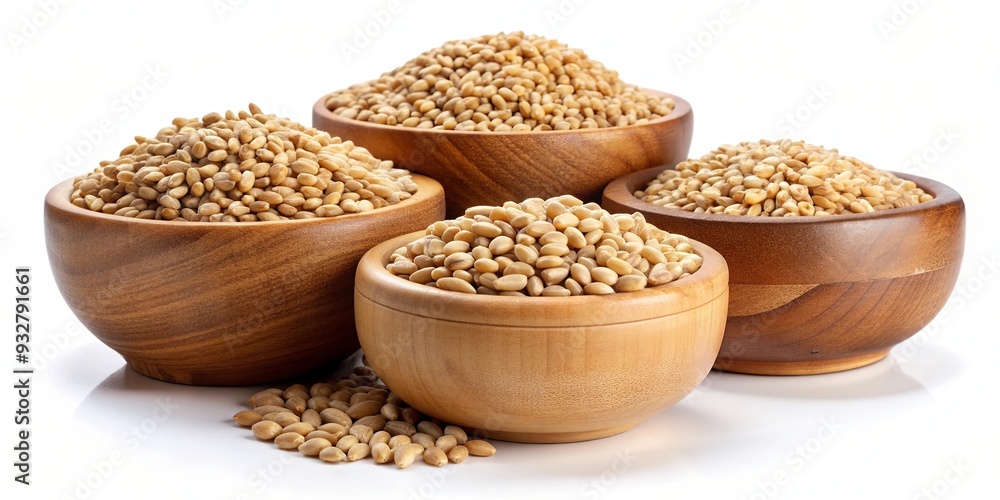 Obraz premium Wheat grains in wooden bowls isolated on a background
