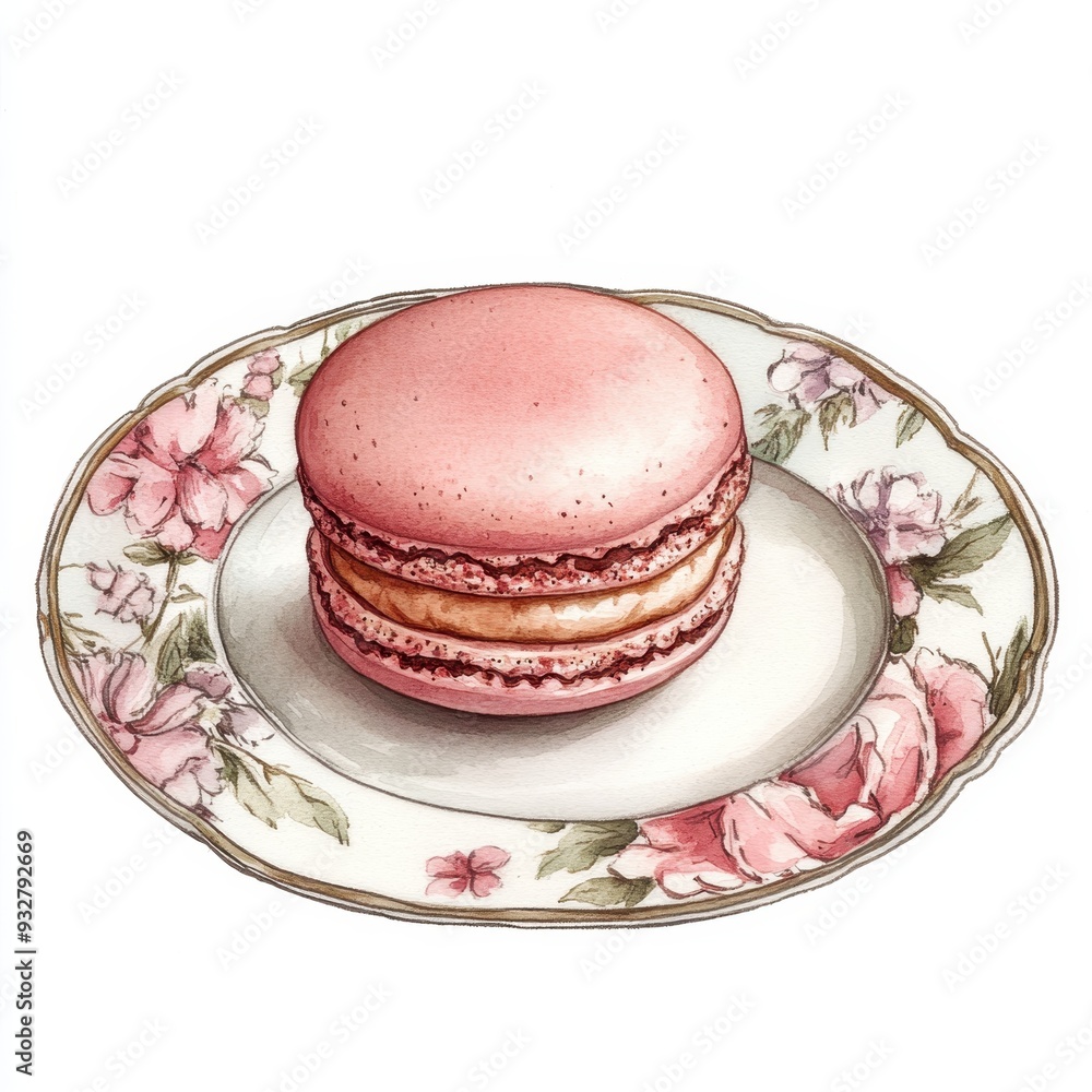 Hand-drawn watercolor illustration of a dessert plate with a single macaron, delicate and elegant, clipart, isolate on white background Hand-drawn watercolor illustration of a dessert plate with a single macaron, delicate and elegant, clipart, isolate on white background