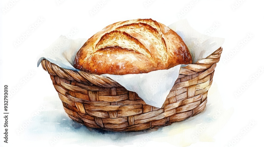Watercolor illustration of a rustic bread basket with a warm, inviting loaf, cozy dinner setting, clipart, isolate on white background Watercolor illustration of a rustic bread basket with a warm, inviting loaf, cozy dinner setting, clipart, isolate on white background