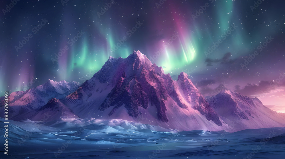 Naklejka premium Snowy Mountain Range with Aurora Borealis Illustration