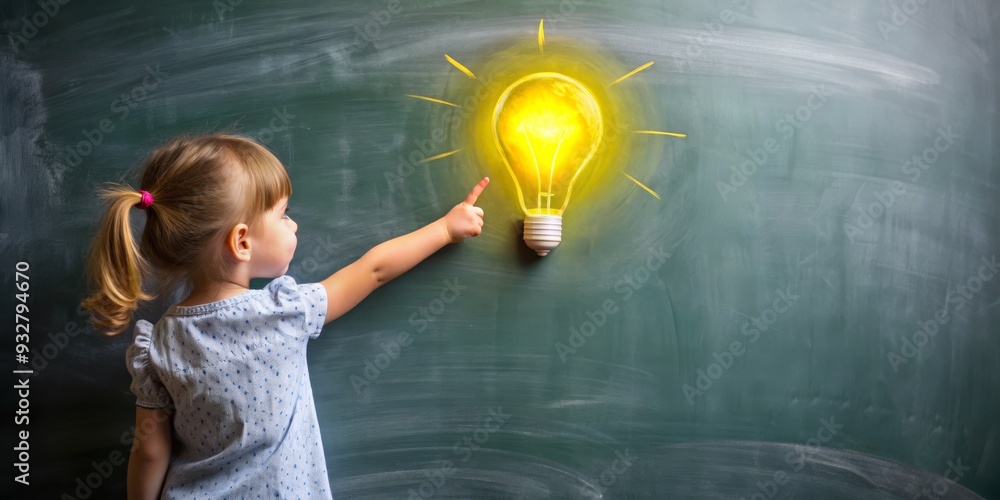 © Working Moments - Little Girl Pointing to a Lightbulb on a Green Chalkboard, Classroom , Education , Creativity, Idea