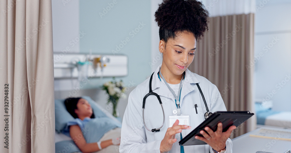 © PeakPoints/peopleimages.com - Smile, doctor or tablet in hospital for healthcare, digital chart or patient medical record. Specialist, tech or person in bed for treatment, medicine schedule or diagnosis information for wellness