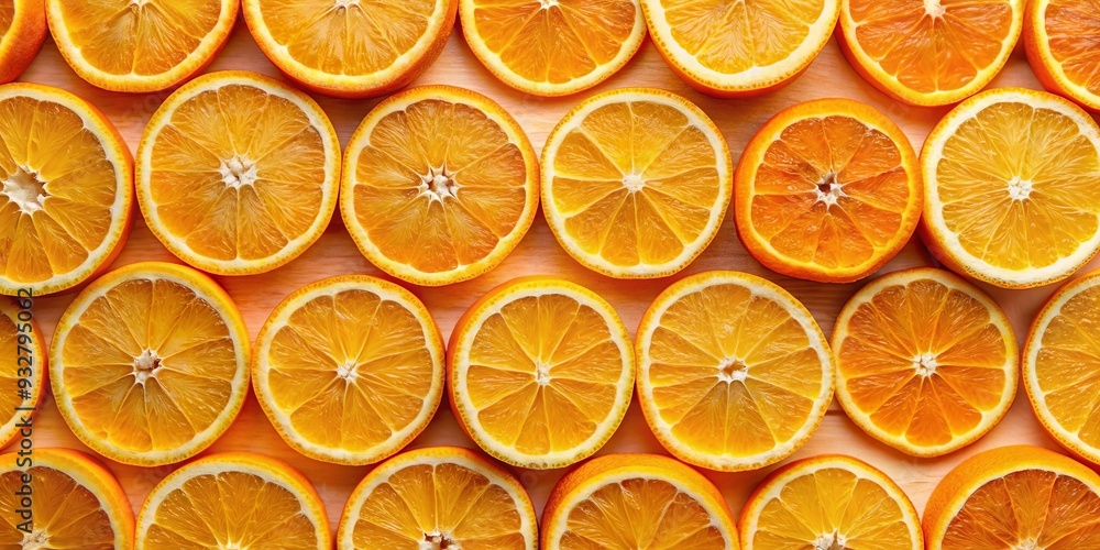 Fresh and juicy orange slices arranged neatly in a row on a bright and colorful food background Fresh and juicy orange slices arranged neatly in a row on a bright and colorful food background
