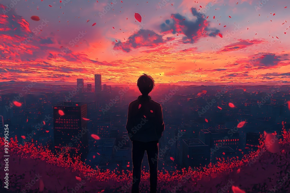 Silhouetted figure overlooking a vibrant sunset in a city with falling ...