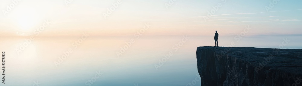 A solitary figure standing on a cliff overlooking a vast, tranquil sea during sunrise, embodying peace and contemplation. A solitary figure standing on a cliff overlooking a vast, tranquil sea during sunrise, embodying peace and contemplation.