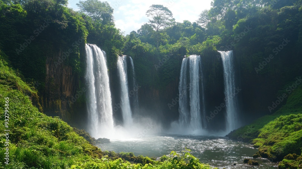 Fototapeta premium Serene Waterfall in Lush Tropical Jungle