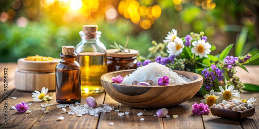 Natural Spa Essentials Wooden Bowl of Sea Salt, Essential Oils, and Flowers, Spa treatment , Natural remedies , Relaxation , Wellness Natural Spa Essentials Wooden Bowl of Sea Salt, Essential Oils, and Flowers, Spa treatment , Natural remedies , Relaxation , Wellness