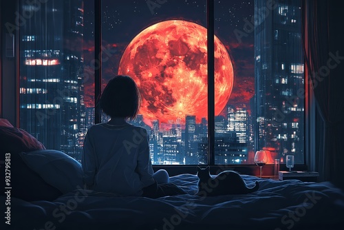 A woman gazes at a blood-red moon from her cozy bedroom with a cat by her side.