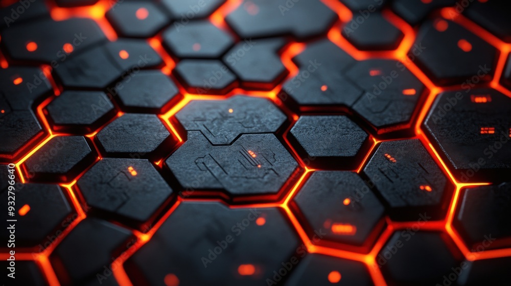 A close-up of hexagonal patterns with glowing orange accents. A close-up of hexagonal patterns with glowing orange accents.