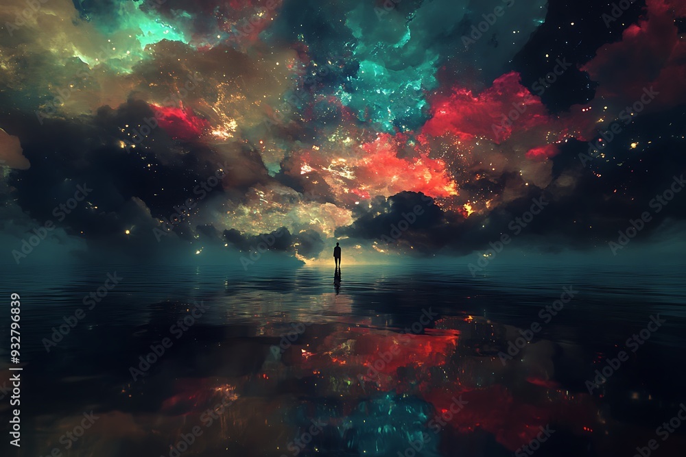 Fototapeta premium Lonely Figure Gazing at a Colorful Night Sky Reflected in the Water.